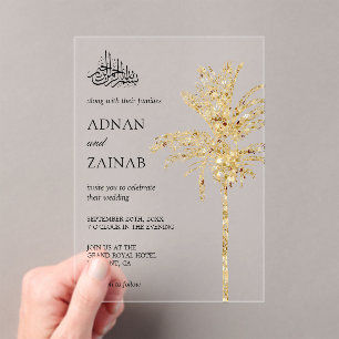 Gold Glitter Date Palm Muslim Wedding Acrylic Invitations