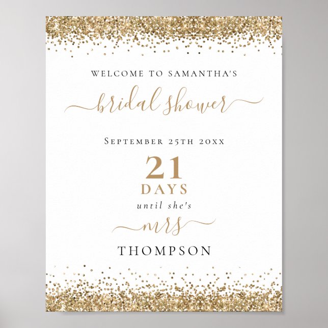Gold Glitter Days to Wedding Welcome Bridal Shower Poster (Front)