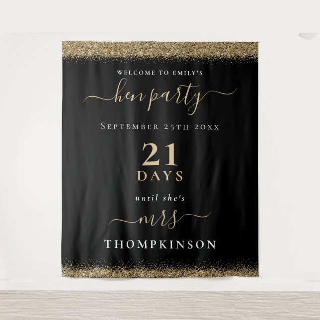Gold Glitter Days Wedding Welcome Hen Party Black Tapestry (Front)