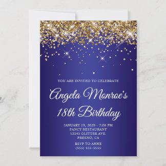 Gold Glitter Deep Blue Gradient 18th Birthday Invitation