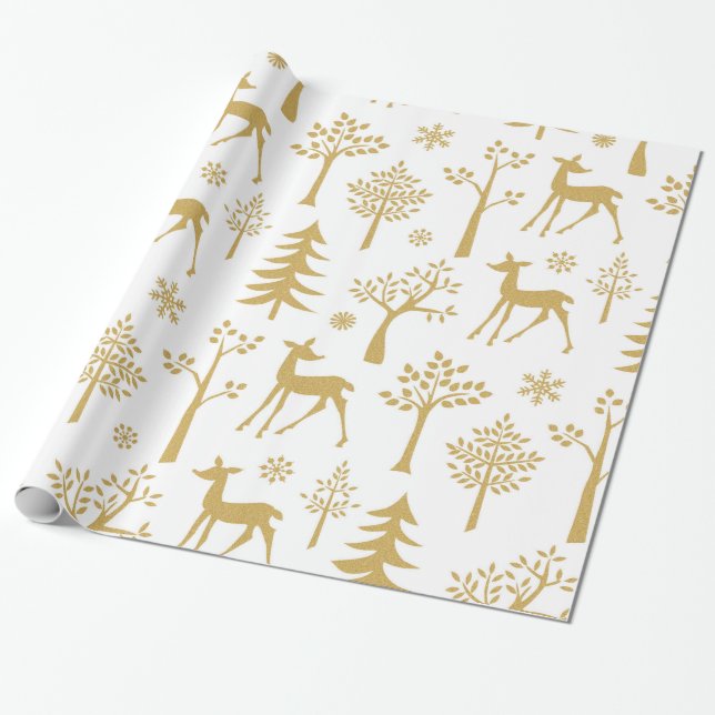Gold Glitter Deer And Trees Wrapping Paper (Unrolled)