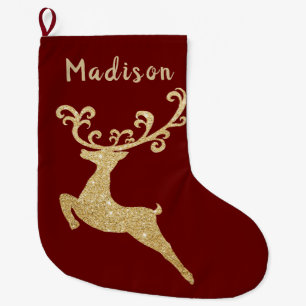 Gold Glitter Deer Silhouette Large Christmas Stocking
