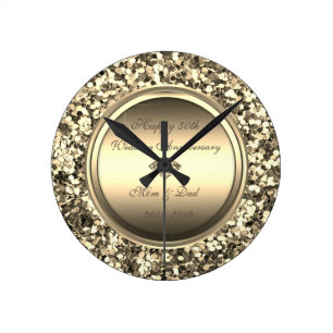 Gold Glitter Diamond  50th Wedding Anniversary Round Clock