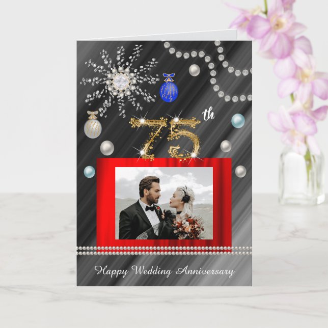 Gold Glitter Diamond Gem 75th Wedding Anniversary Card (Orchid)