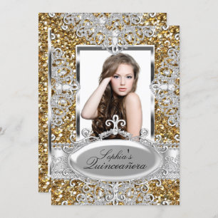Gold Glitter Diamond Glamour Quinceanera Invite