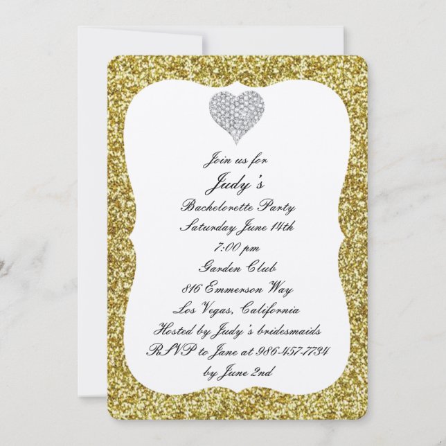 Gold Glitter Diamond Heart Bachelorette Party Invitation (Front)