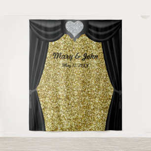 Gold Glitter Diamond Heart Black Curtain Backdrop Tapestry