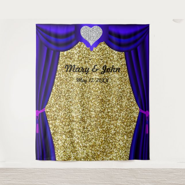 Gold Glitter Diamond Heart Blue Curtain Backdrop Tapestry (Front)