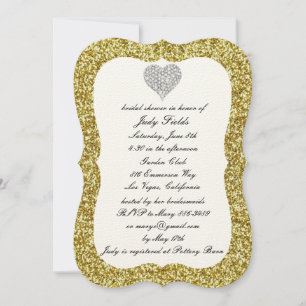 Gold Glitter Diamond Heart Bridal Shower Invite