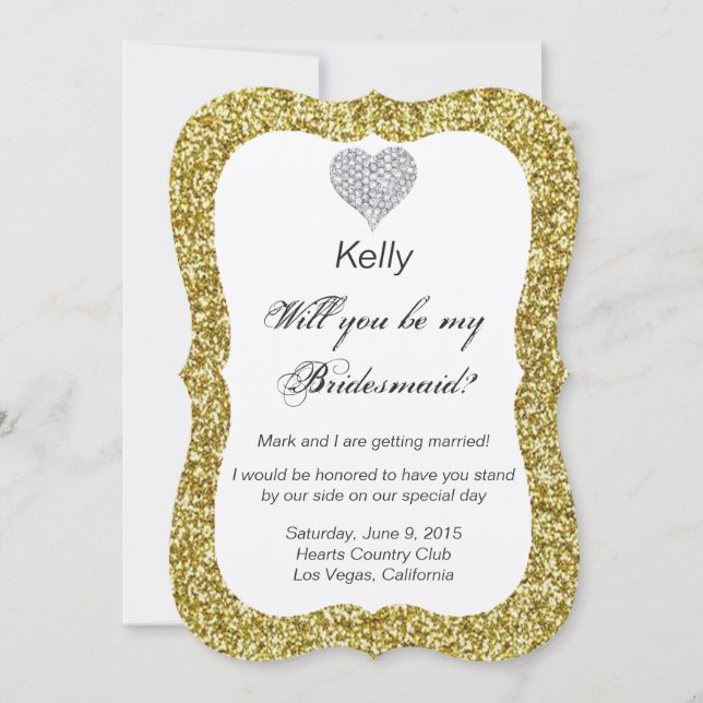 Gold Glitter Diamond Heart Bridesmaid Card (Front)