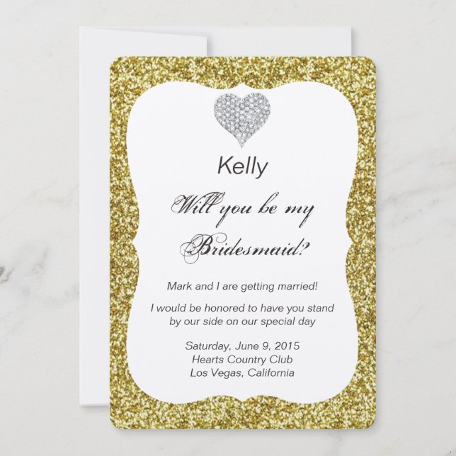 Gold Glitter Diamond Heart Bridesmaid Card (Front)