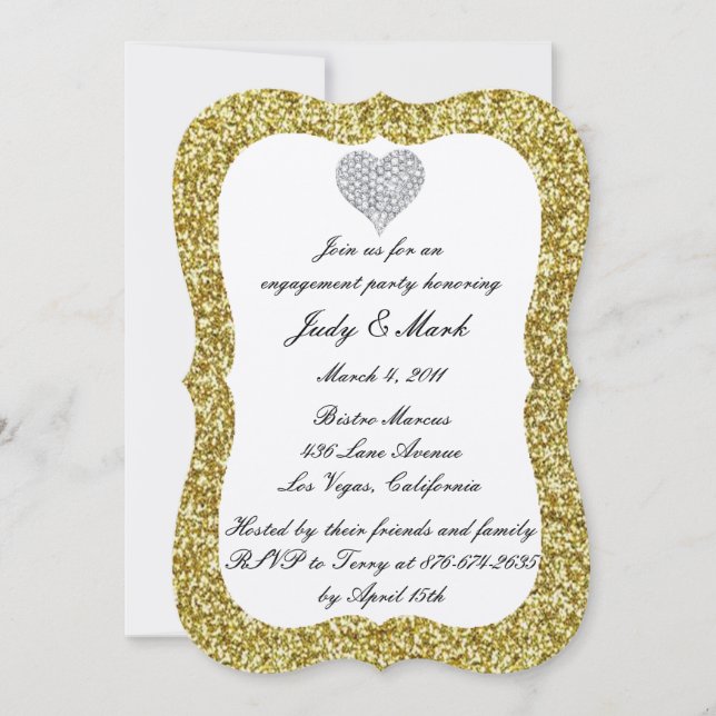 Gold Glitter Diamond Heart Engagement Party Invite (Front)