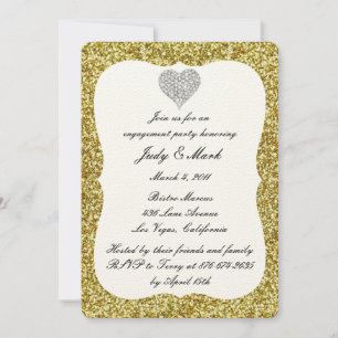 Gold Glitter Diamond Heart Engagement Party Invite