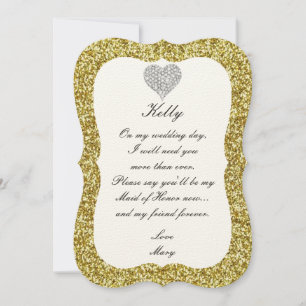 Gold Glitter Diamond Heart Maid Of Honour Card