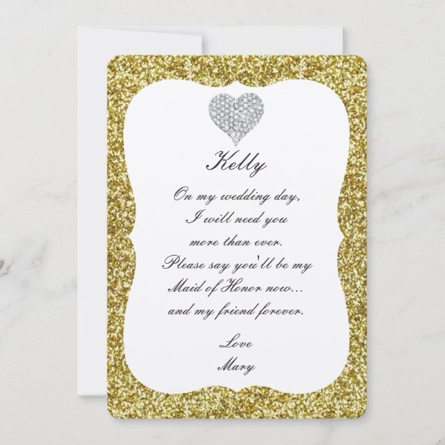 Gold Glitter Diamond Heart Maid Of Honour Card (Front)