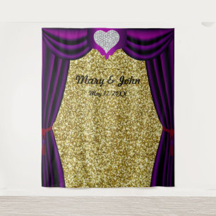 Gold Glitter Diamond Heart Purple Curtain Backdrop Tapestry