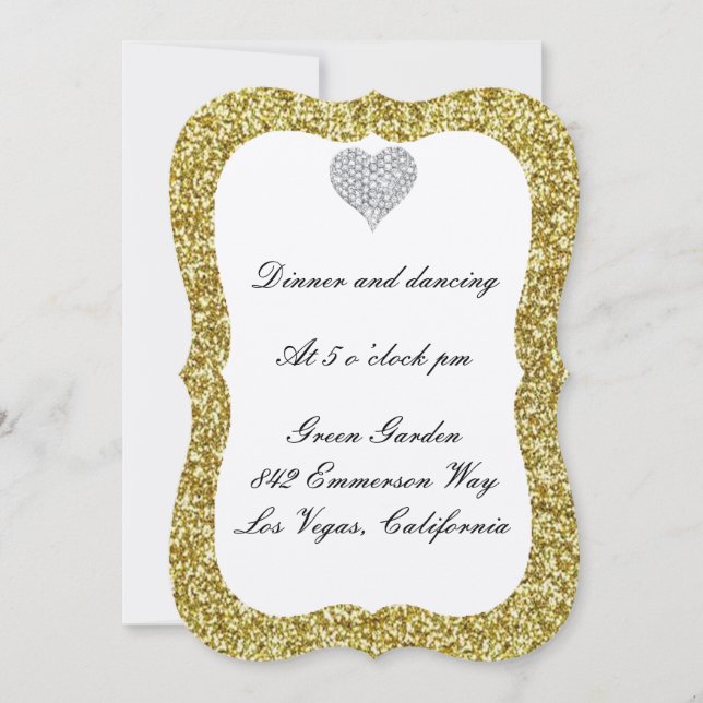 Gold Glitter Diamond Heart Reception Card (Front)