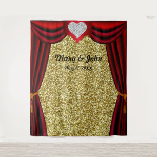 Gold Glitter Diamond Heart Red Curtain Backdrop Tapestry