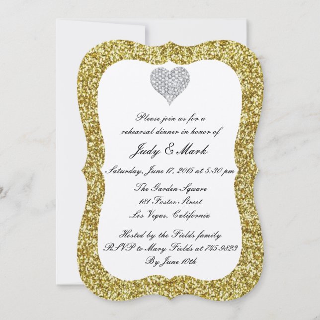 Gold Glitter Diamond Heart Rehearsal Dinner Invite (Front)