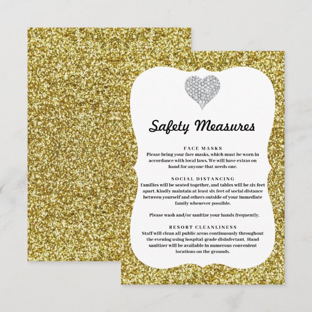 Gold Glitter Diamond Heart Safety Measures Enclosure Card (Front/Back)