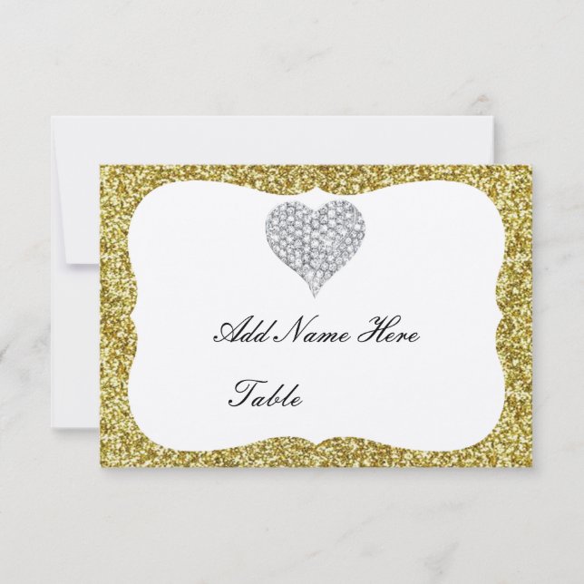 Gold Glitter Diamond Heart Table Place Card (Front)