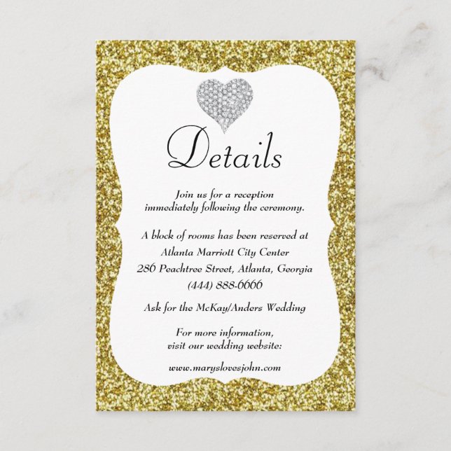 Gold Glitter Diamond Heart Wedding Details Enclosure Card (Front)