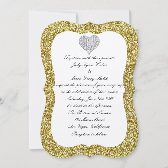 Gold Glitter Diamond Heart Wedding Invitation (Front)