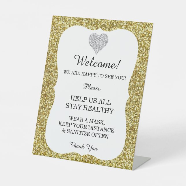 Gold Glitter Diamond Heart Wedding Safety  Pedestal Sign (Front)