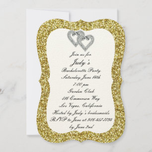 Gold Glitter Diamond Hearts Bachelorette Party Invitation