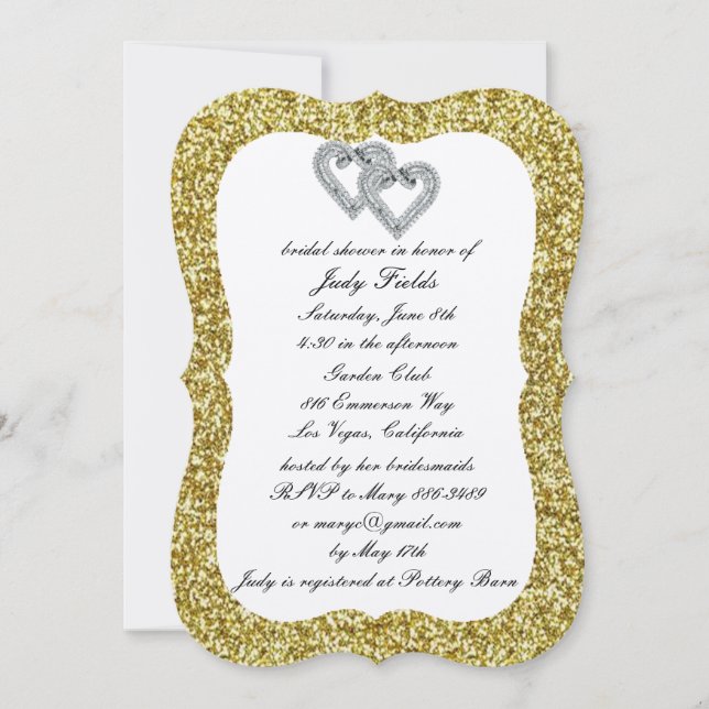 Gold Glitter Diamond Hearts Bridal Shower Invite (Front)
