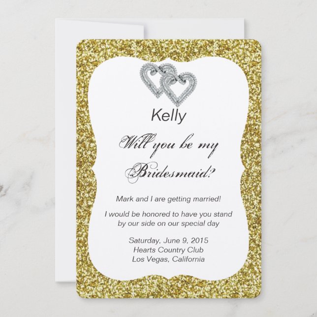 Gold Glitter Diamond Hearts Bridesmaid Card (Front)