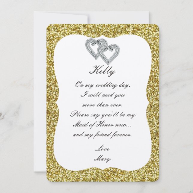 Gold Glitter Diamond Hearts Maid Of Honour Card (Front)