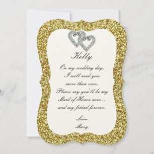 Gold Glitter Diamond Hearts Maid Of Honour Card