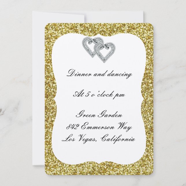 Gold Glitter Diamond Hearts Reception Card (Front)