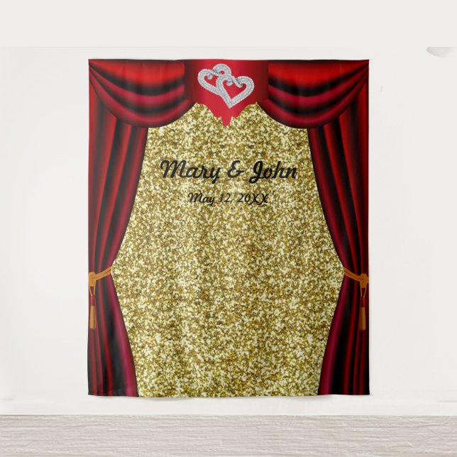 Gold Glitter Diamond Hearts Red Curtain Backdrop Tapestry (Front)