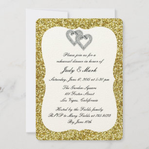 Gold Glitter Diamond Hearts Rehearsal Dinner Invitation