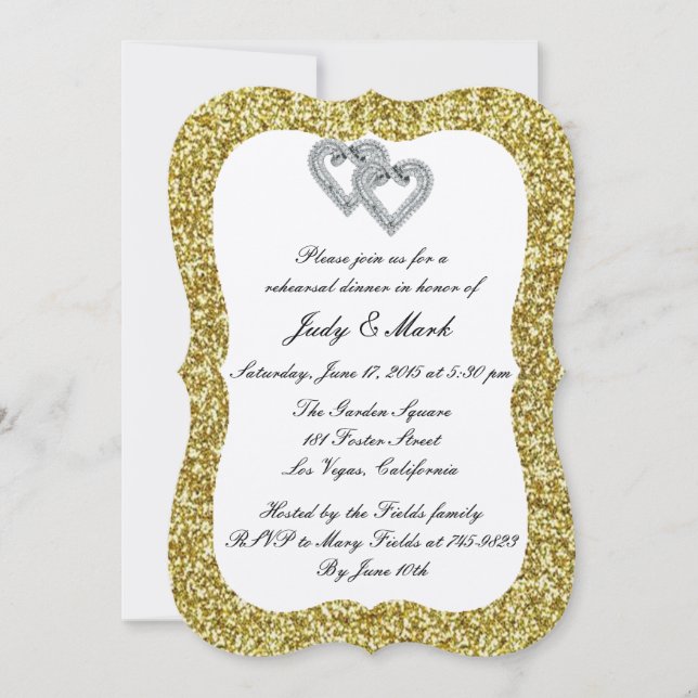 Gold Glitter Diamond Hearts Rehearsal Dinner Invitation (Front)