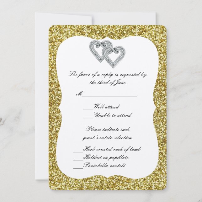 Gold Glitter Diamond Hearts Response Card (Front)