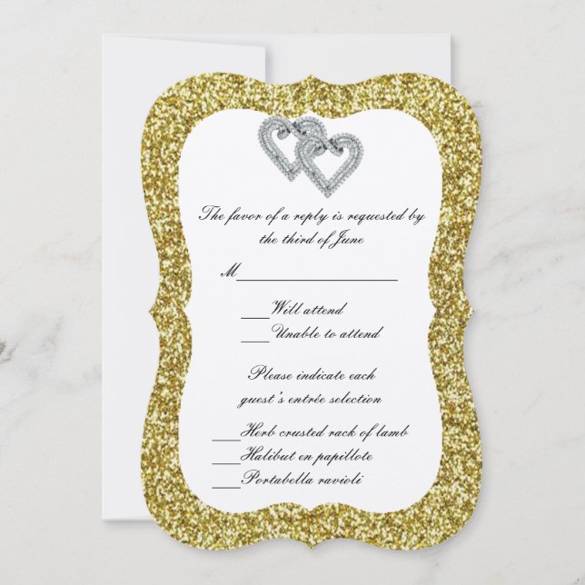 Gold Glitter Diamond Hearts Response Card (Front)
