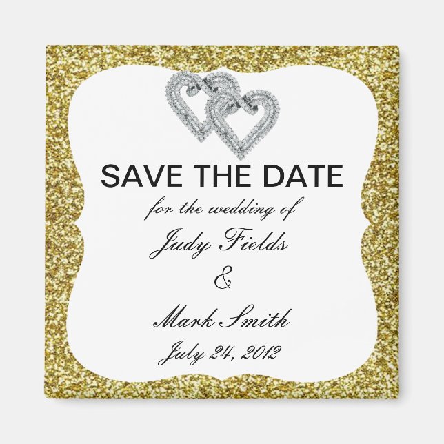 Gold Glitter Diamond Hearts Save The Date Magnet (Front)