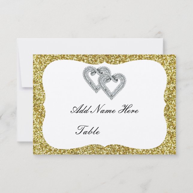 Gold Glitter Diamond Hearts Table Place Card (Front)