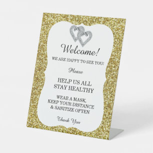 Gold Glitter Diamond Hearts Wedding Safety Pedestal Sign
