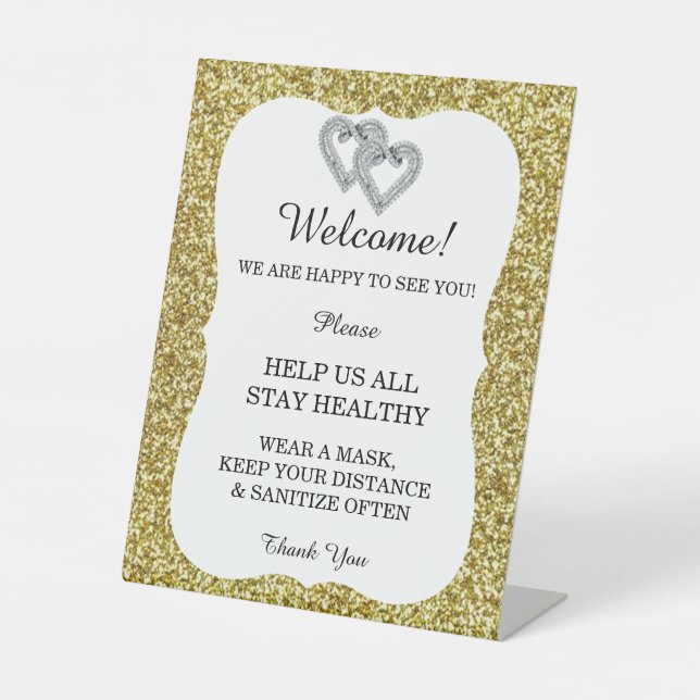 Gold Glitter Diamond Hearts Wedding Safety  Pedestal Sign (Front)
