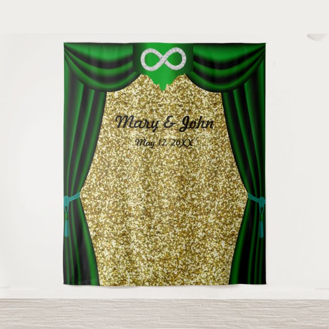 Gold Glitter Diamond Infinity Green Curtain Tapestry (Front)