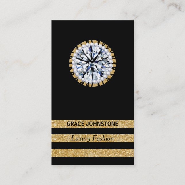 Gold Glitter,Diamond & Pearls | Contemporary Business Card (Front)