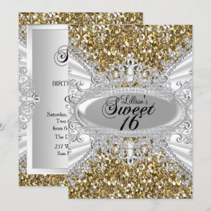 Gold Glitter Diamond Tiara Sweet 16 Invite