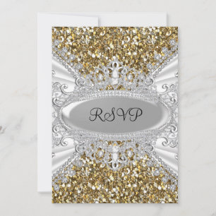 Gold Glitter & Diamond Tiara Sweet 16 RSVP Invitation