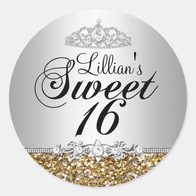 Gold Glitter & Diamond Tiara Sweet 16 Sticker (Front)