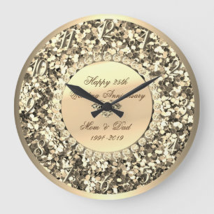 Gold Glitter Diamonds 25th Wedding Anniversary Large Clock