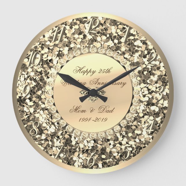 Gold Glitter Diamonds 25th Wedding Anniversary Large Clock (Front)